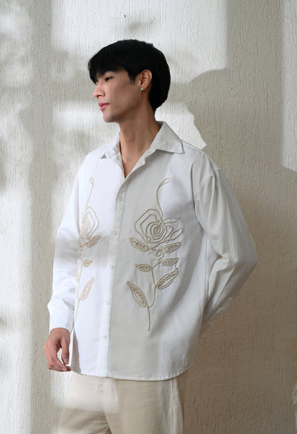 White Line Rose Embroidered Shirt