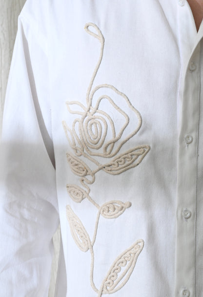 White Line Rose Embroidered Shirt