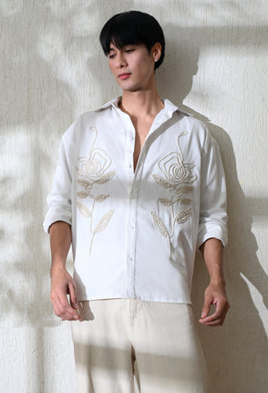 Men White Line Rose Embroidered Shirt