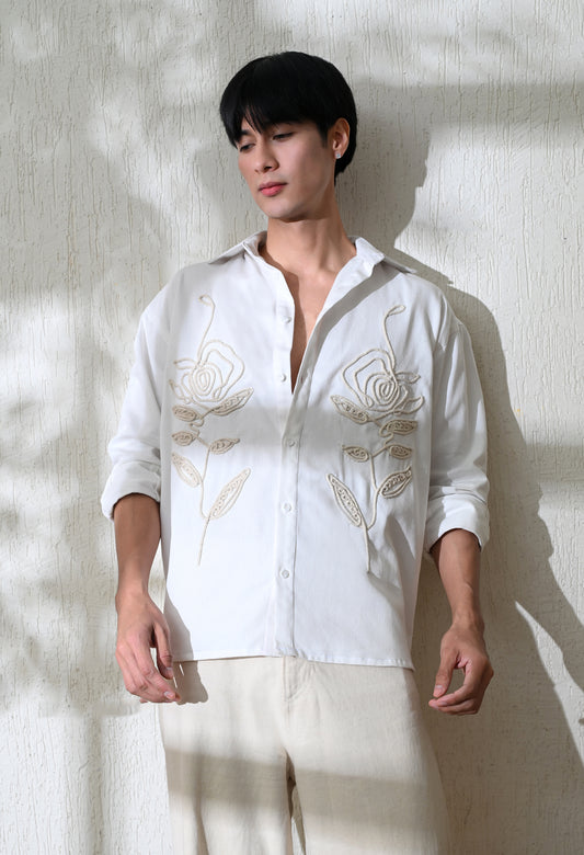 Men White Line Rose Embroidered Shirt