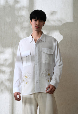 Men White Whispering Petal Textured Embroidered Shirt