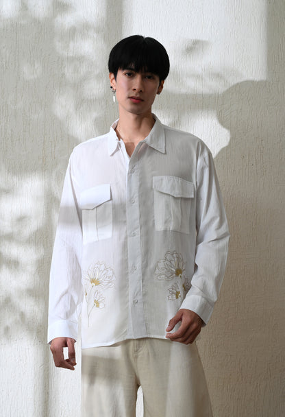 White Whispering Petal Textured Embroidered Shirt