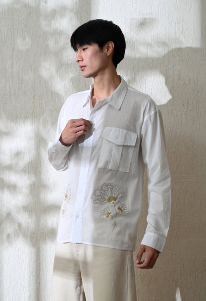 White Whispering Petal Textured Embroidered Shirt