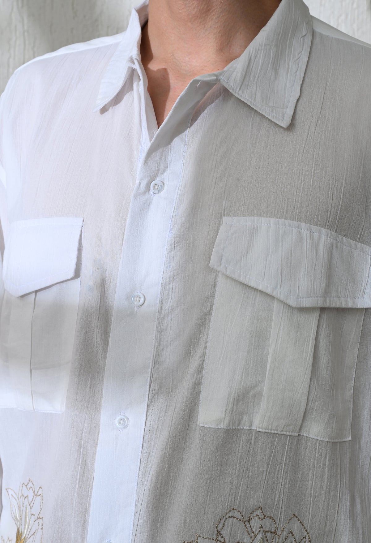Men White Whispering Petal Textured Embroidered Shirt