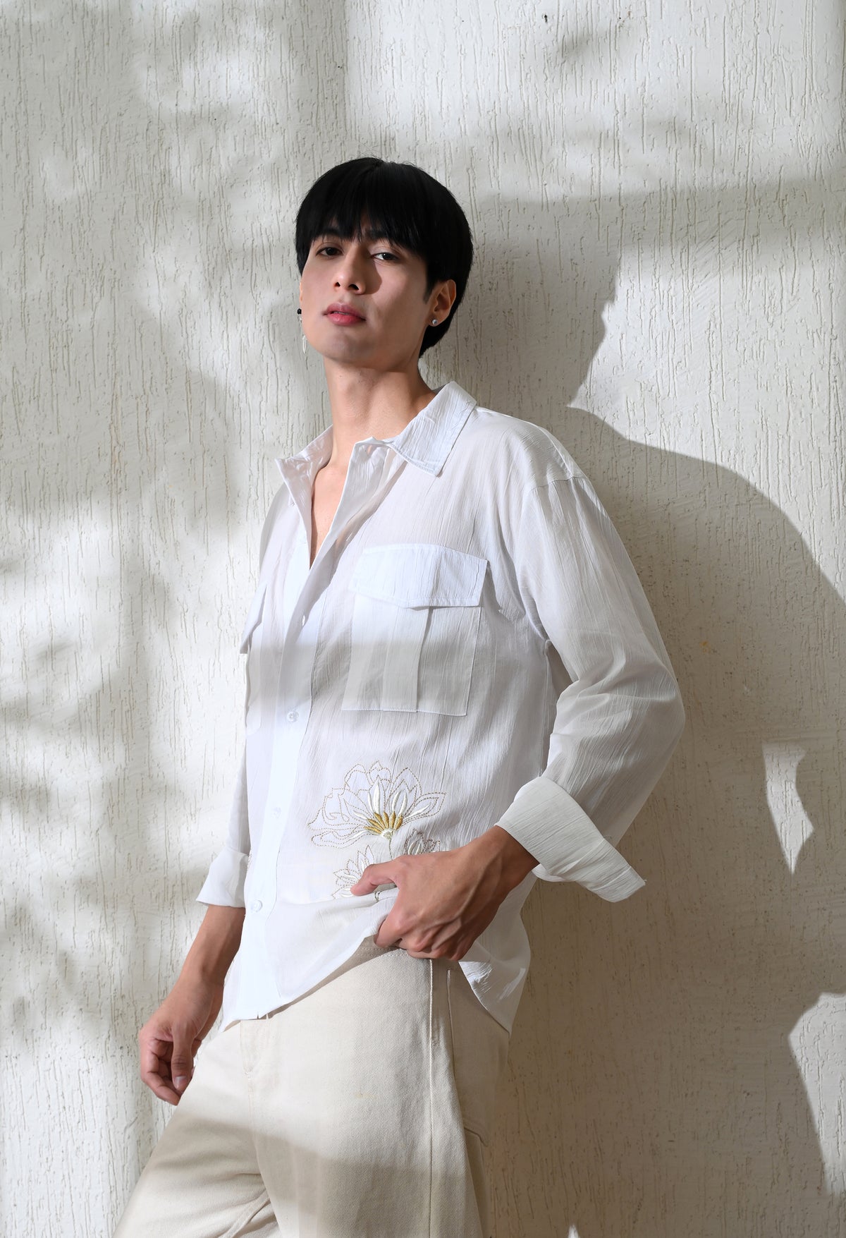 Men's Whispering Petal Textured embroidered shirt in white – La Moon