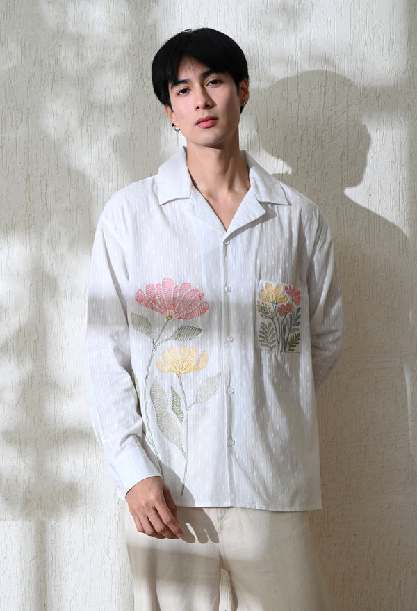Men White Pocket Posy Embroidered Shirt