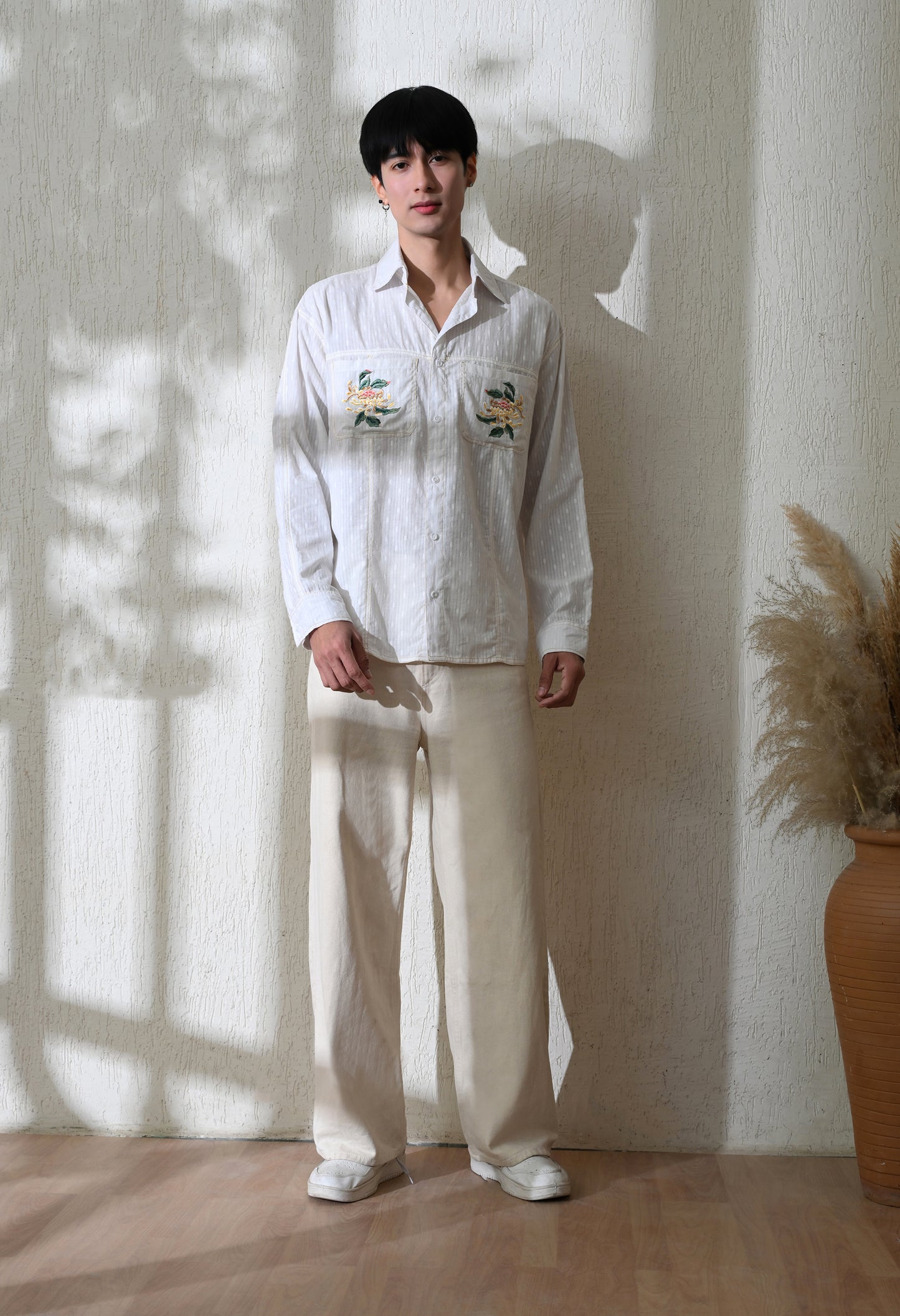 White Pocket Blossom Embroidered Shirt