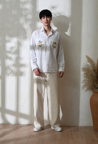 White Pocket Blossom Embroidered Shirt