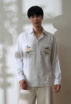 Men White Pocket Blossom Embroidered Shirt