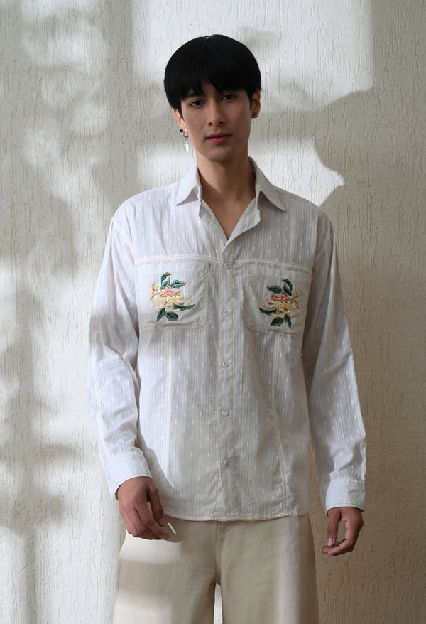 Men White Pocket Blossom Embroidered Shirt