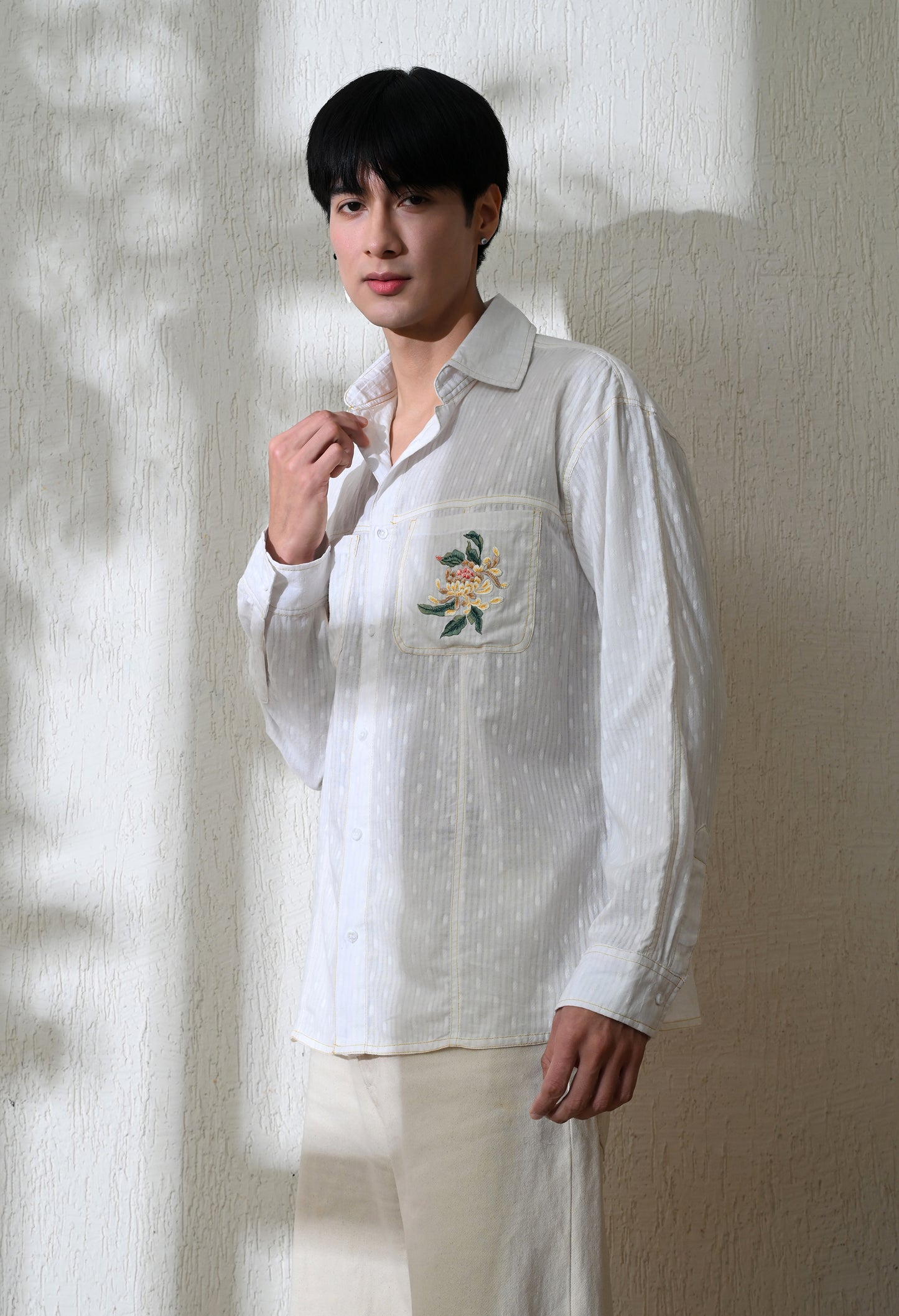 White Pocket Blossom Embroidered Shirt