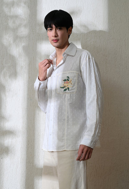 White Pocket Blossom Embroidered Shirt