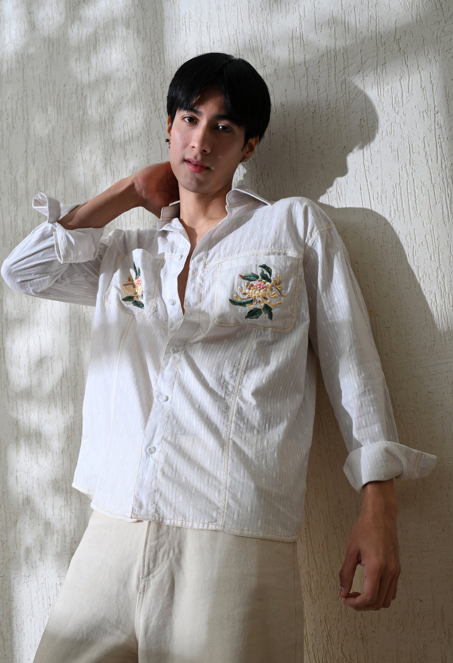 White Pocket Blossom Embroidered Shirt