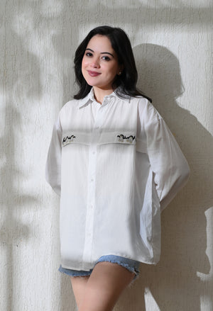 Women White Penguin Parade Embroidered Shirt