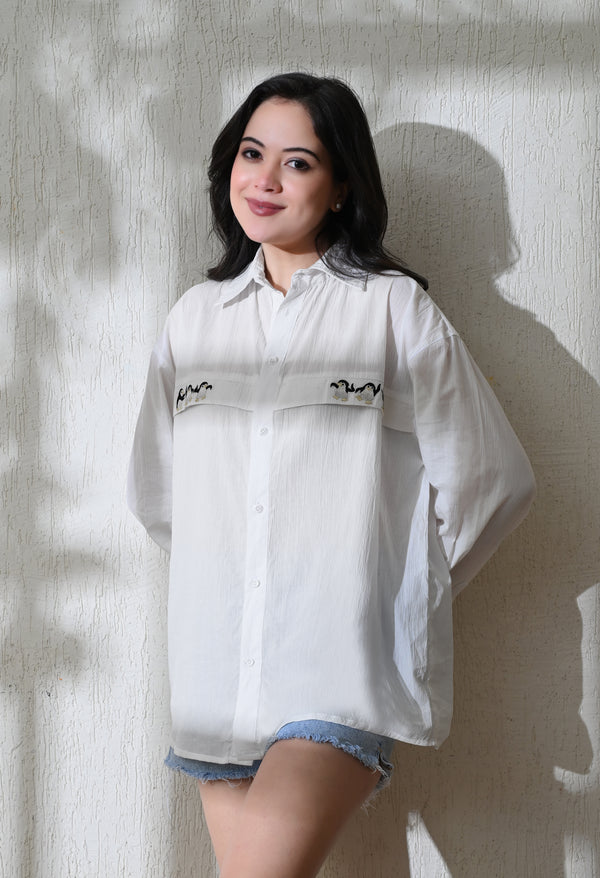 Women White Penguin Parade Embroidered Shirt
