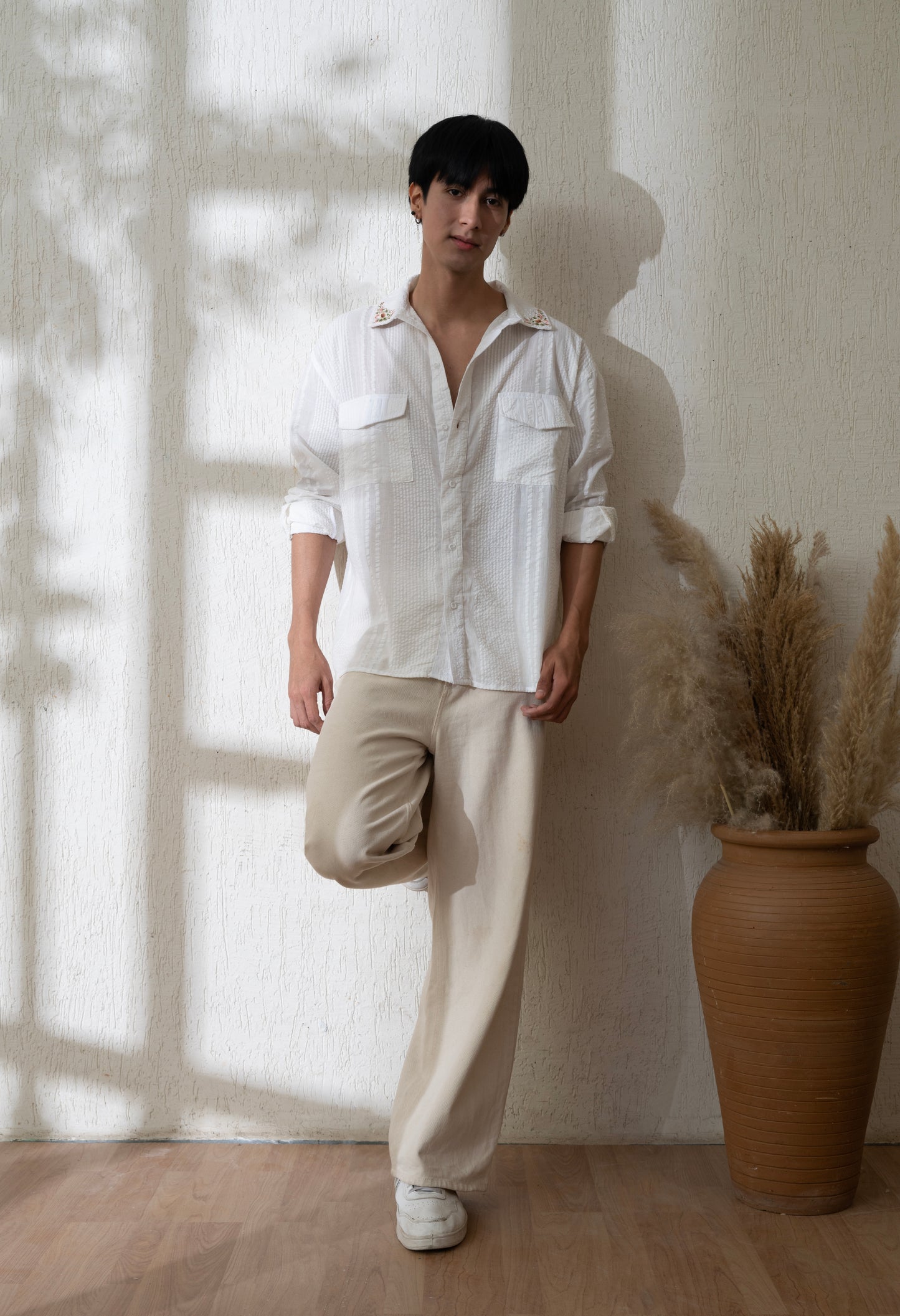 White Spring Bloom Embroidered Shirt