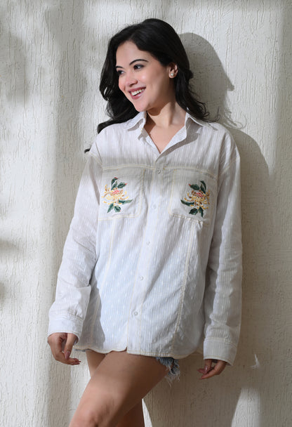 White Pocket Blossom Embroidered Shirt