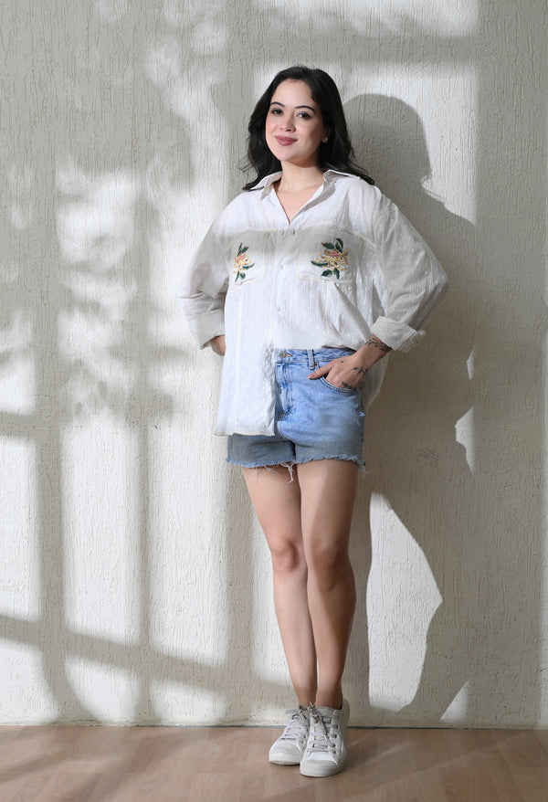 Women White Pocket Blossom Embroidered Shirt