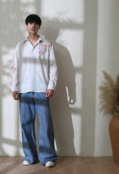 White Floral Chintz Embroidered Shirt