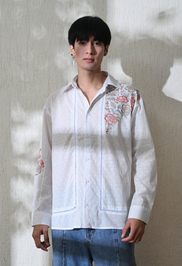 Men White Floral Chintz Embroidered Shirt