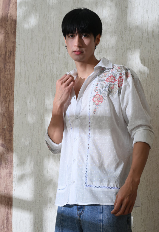 White Floral Chintz Embroidered Shirt