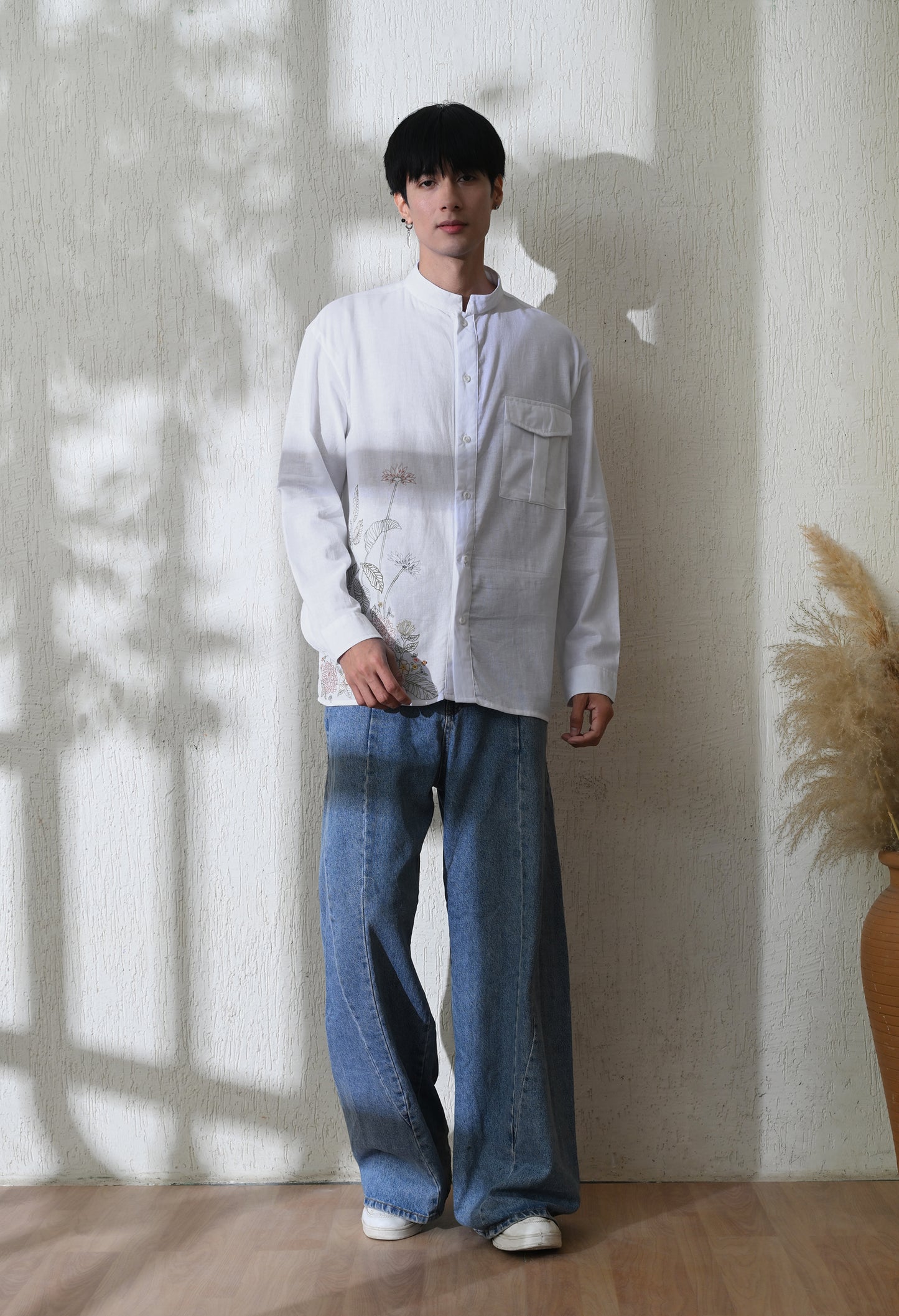 White Botanical Linen Embroidered Shirt