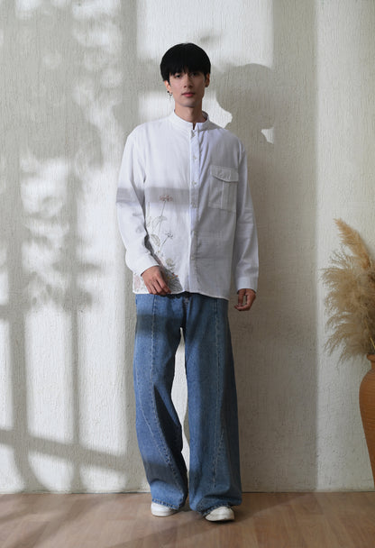 White Botanical Linen Embroidered Shirt