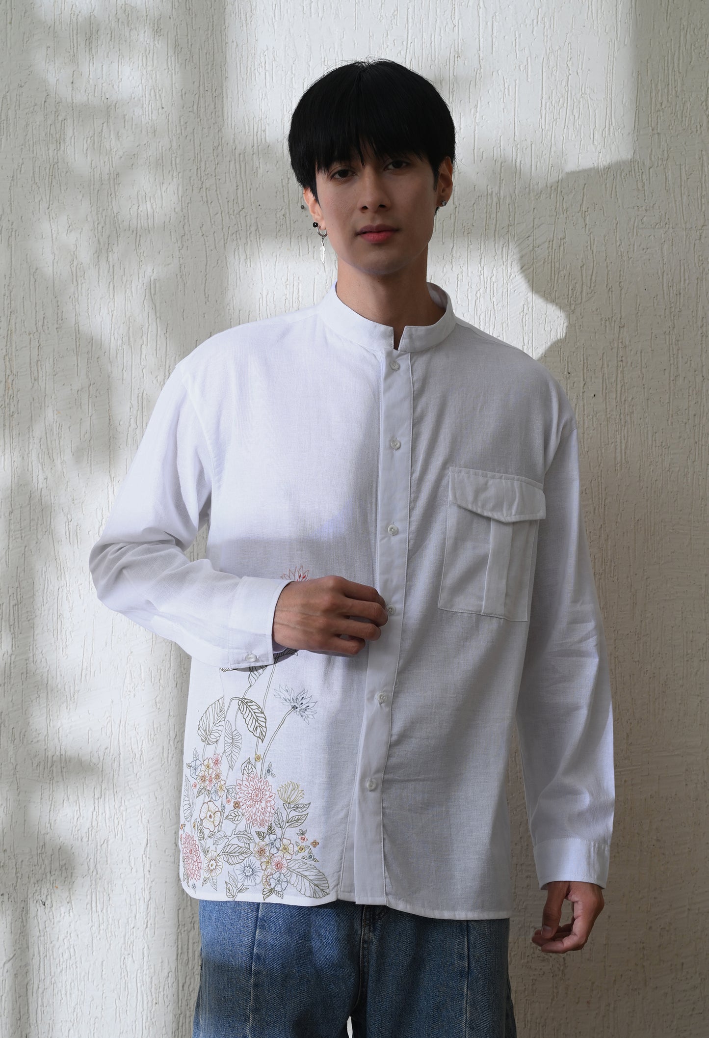 White Botanical Linen Embroidered Shirt