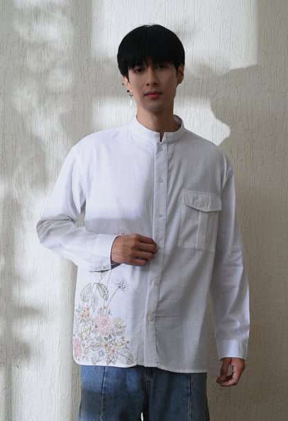 White Botanical Linen Embroidered Shirt