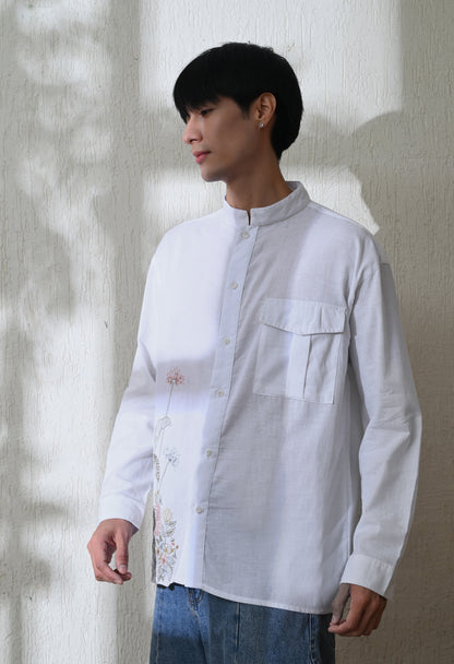 White Botanical Linen Embroidered Shirt