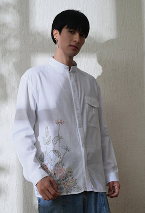 Men White Botanical Linen Embroidered Shirt