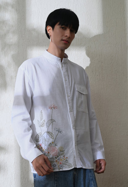 White Botanical Linen Embroidered Shirt