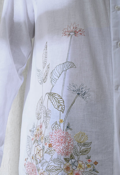 White Botanical Linen Embroidered Shirt
