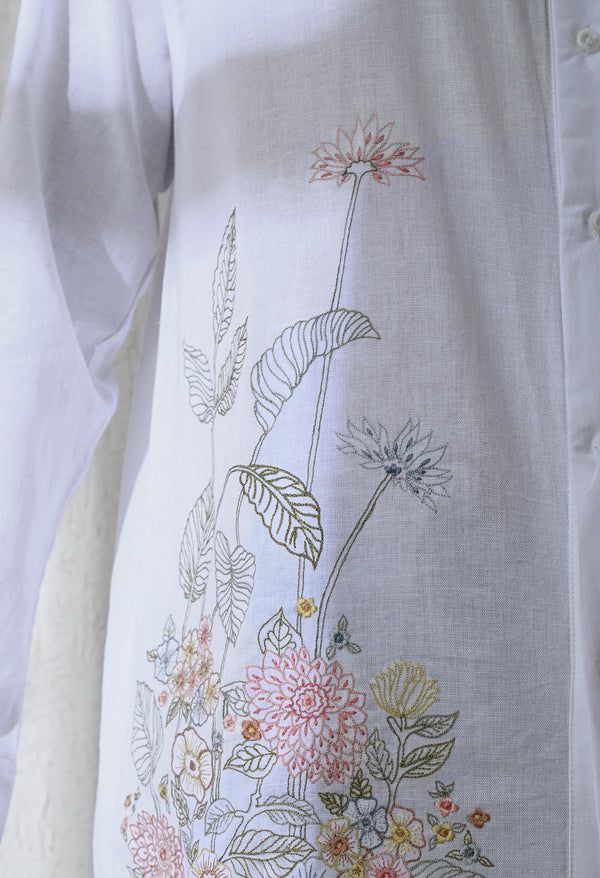 Women White Botanical Linen Embroidered Shirt alternate view