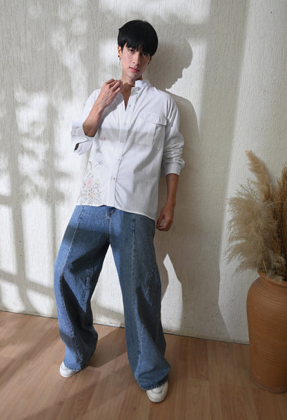 White Botanical Linen Embroidered Shirt