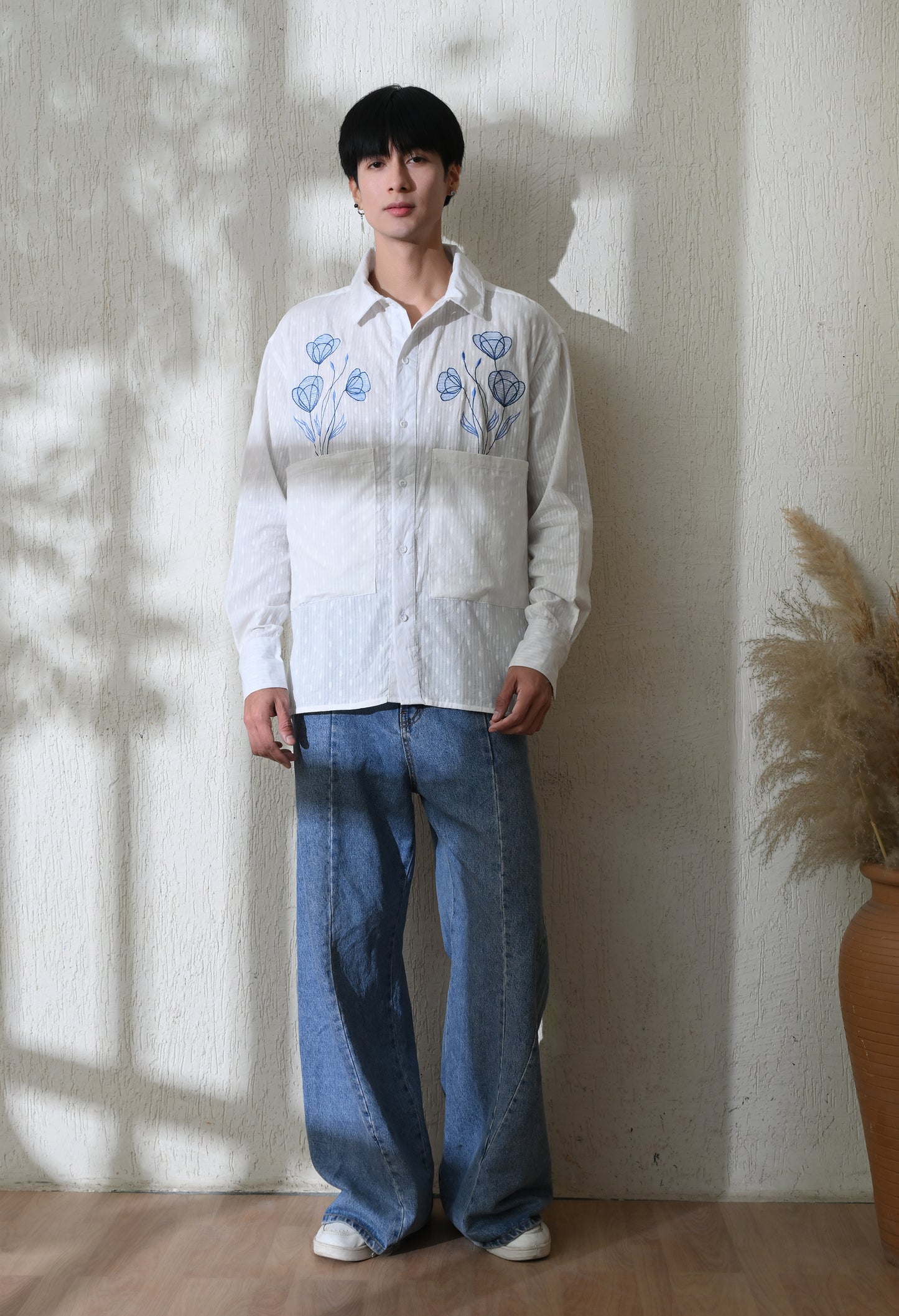 White Blue Blossom Embroidered Shirt