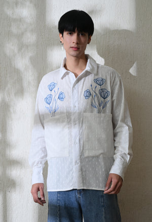 Men White Blue Blossom Embroidered Shirt