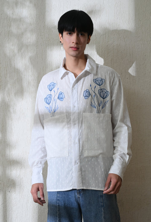 Men White Blue Blossom Embroidered Shirt