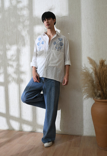 White Blue Blossom Embroidered Shirt