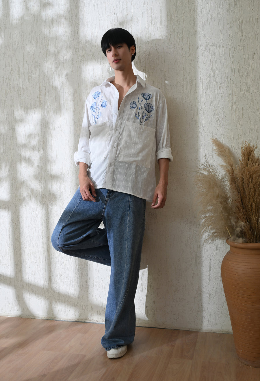 Men's Blue Blossom embroidered shirt in white – La Moon