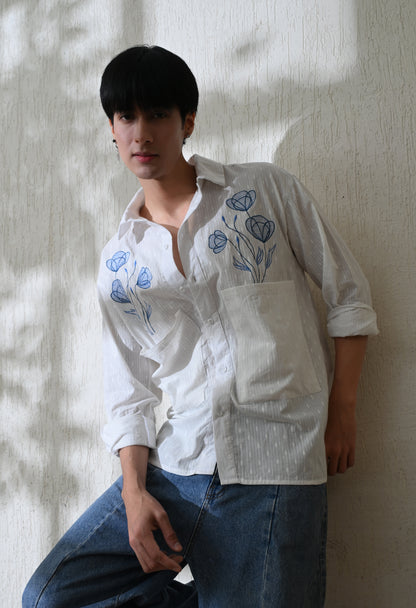 White Blue Blossom Embroidered Shirt