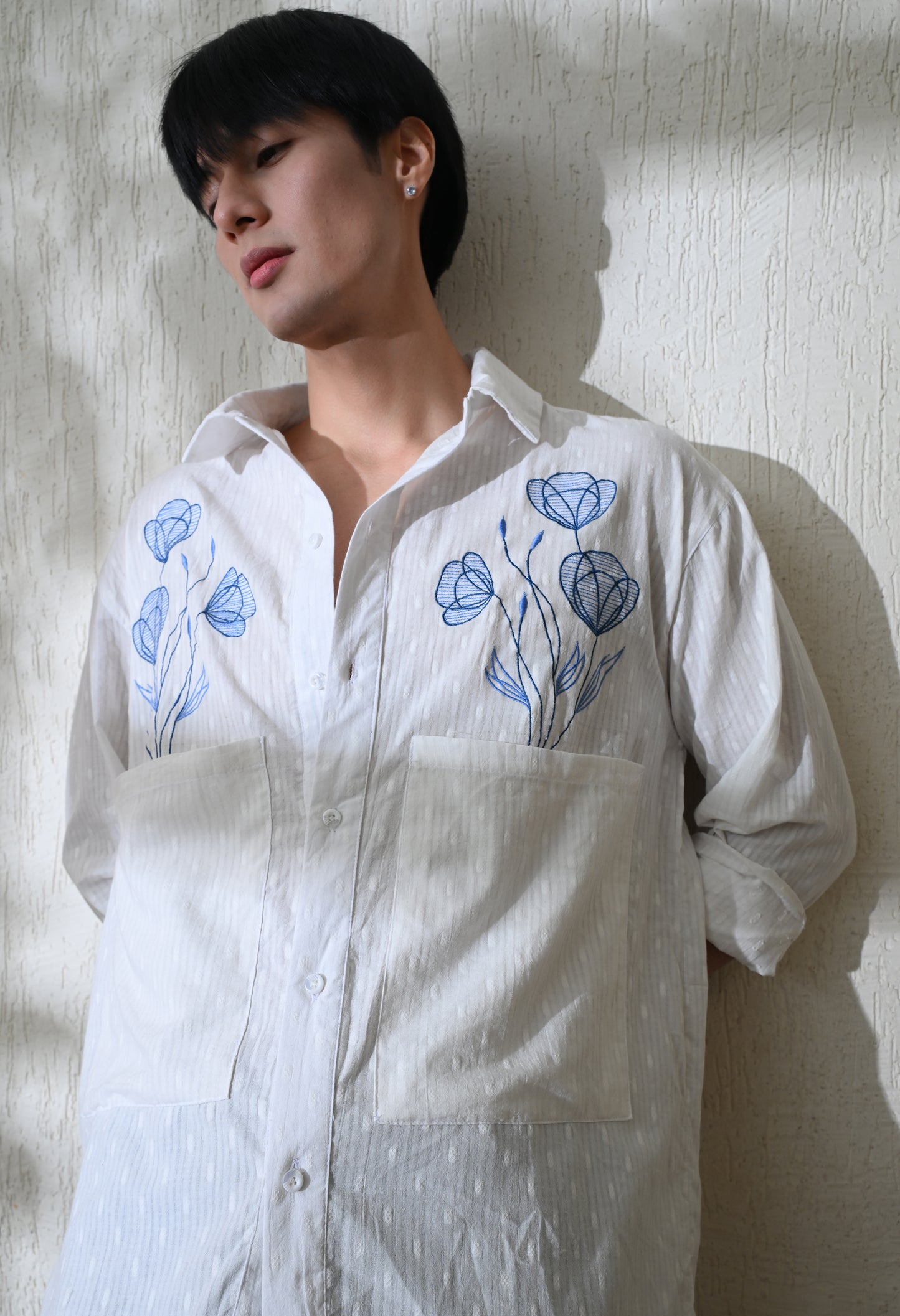 White Blue Blossom Embroidered Shirt