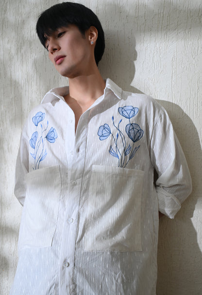 White Blue Blossom Embroidered Shirt