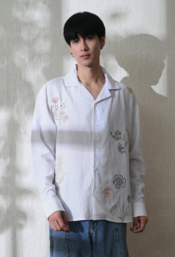 Men White Floral Whisper Embroidered Shirt