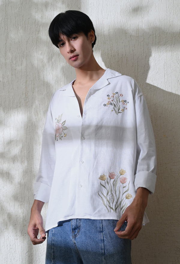 Men White Botanic Affair Embroidered Shirt