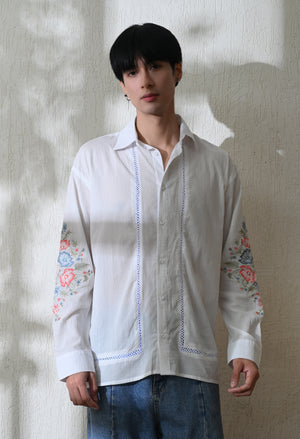 Men White Chintz Bloom Embroidered Shirt