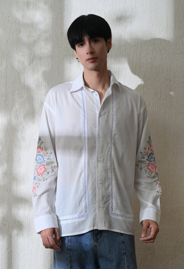 Men White Chintz Bloom Embroidered Shirt