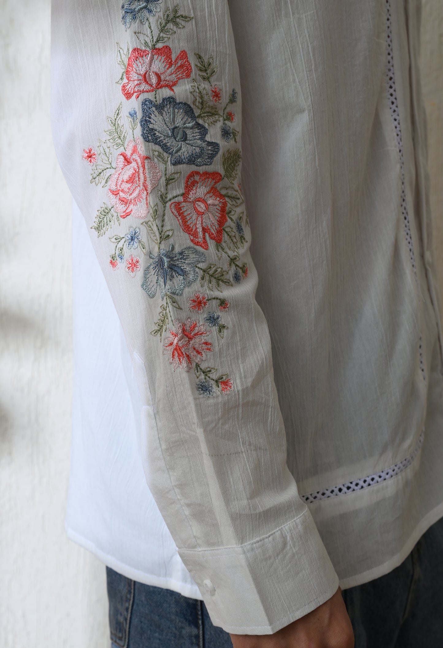 White Chintz Bloom Embroidered Shirt