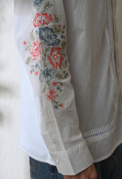 White Chintz Bloom Embroidered Shirt