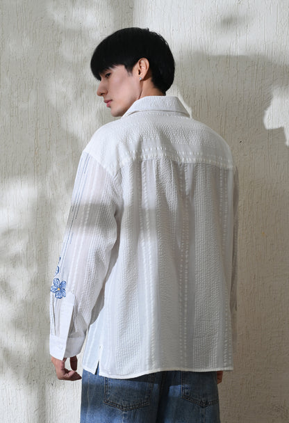 White Aqua Petals Embroidered Shirt